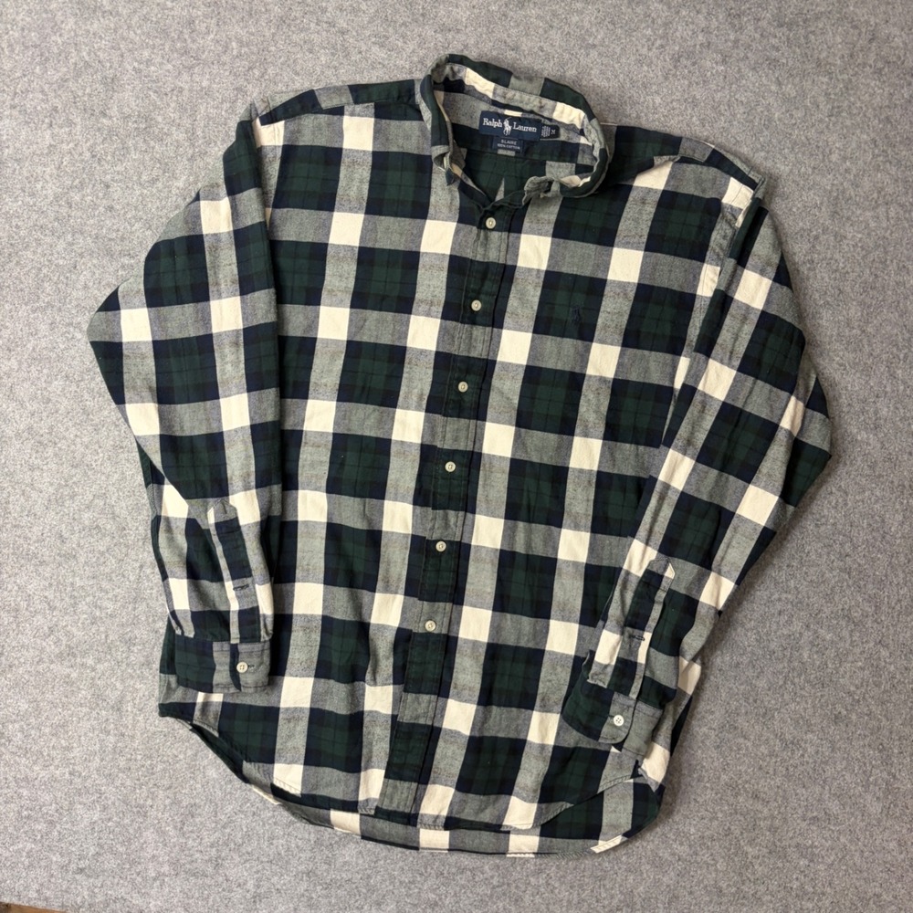 Ralph Lauren Blaire Mens Medium Green Navy Plaid Flannel Button Down Shirt